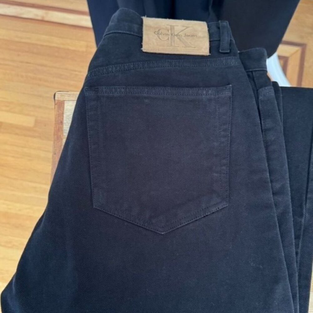 90s Vintage Calvin Klein Blackest Black Silver Tone Button Fly Straight Jeans - Picture 4 of 12